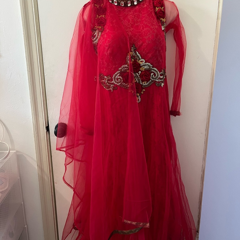 Vibrant Red with Gold Accents Dress